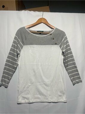 Lauren Ralph Lauren White Bodice with Gray Striped Raglan Sleeves large